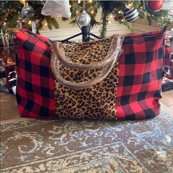 Leopard & Buffalo Plaid Duffel Bag With Brown Handles & Detachable Strap - Picture 6 of 14